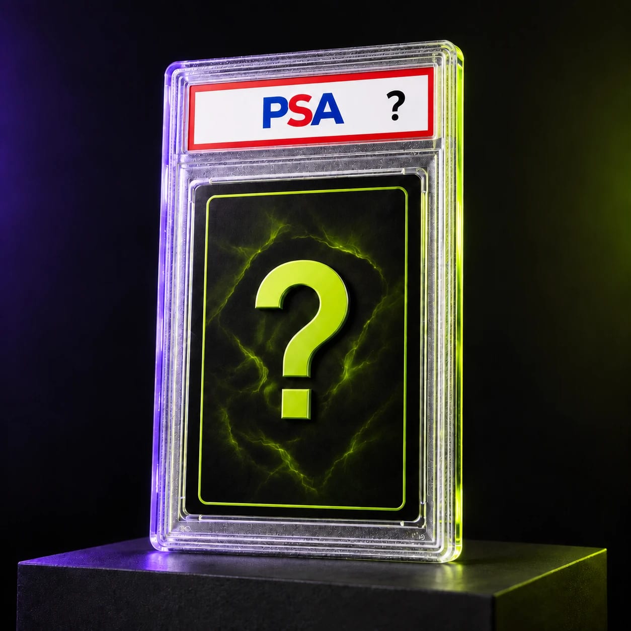 Illustratie van een PSA-slab met rood-wit PSA-label en een zwarte mystery kaart met limegroen vraagteken op een donker podium