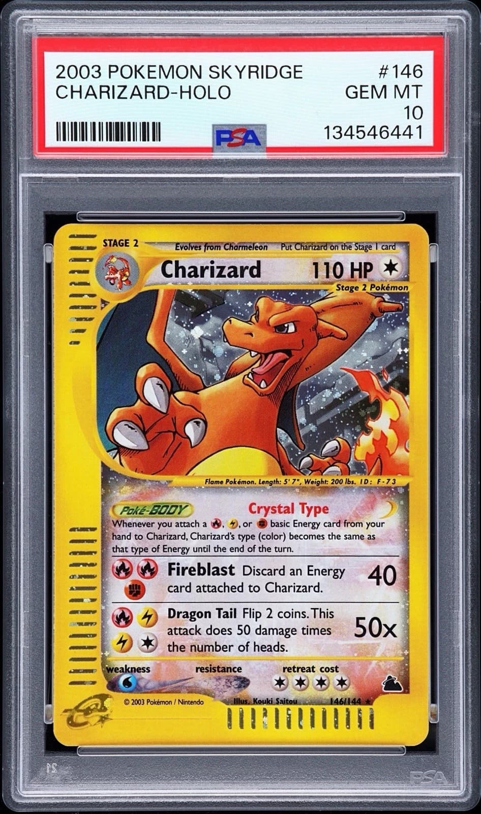 Charizard uit Skyridge in een PSA-slab, met kaartnummer 146 en certificaatnummer 134546441 op het label