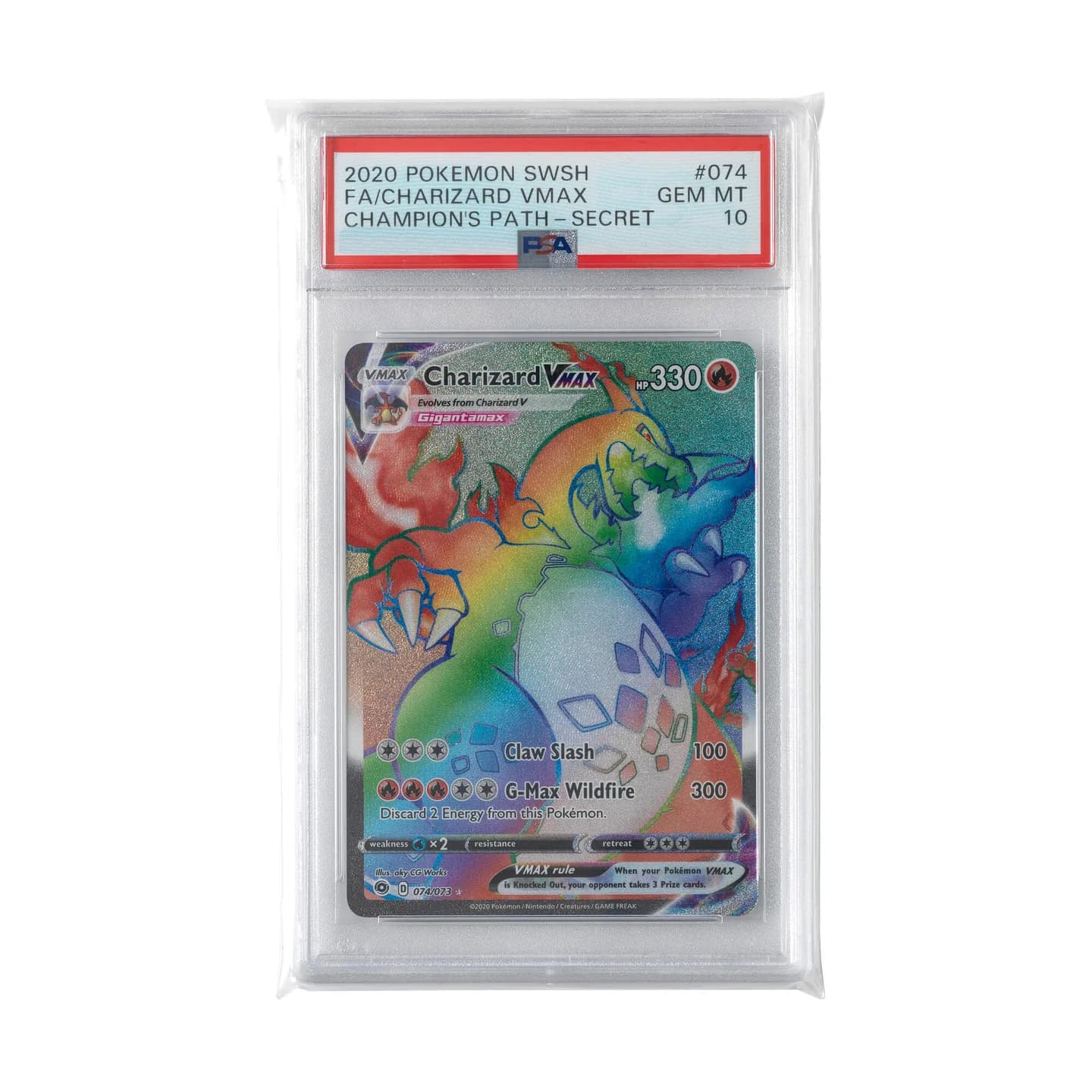 Charizard VMAX uit Champion's Path: het PSA-label toont 2020, 074 en Gem Mint 10; op de kaart staat 074/073