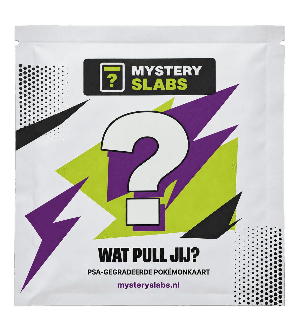Mystery Slabs-zakje voor Starter Slab, met paars-limegroene opdruk en ‘Wat pull jij?’. De kaart blijft een verrassing.